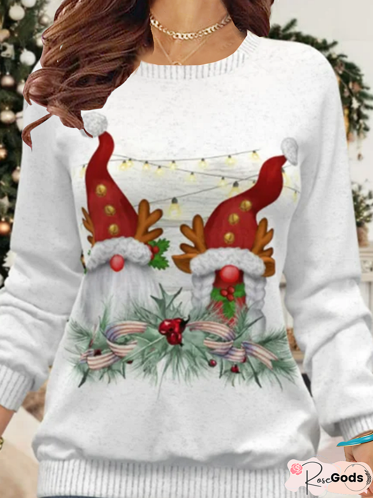 New Long Sleeve Round Neck Elastic Knitted Top Sweater Women's Christmas Snowman Print