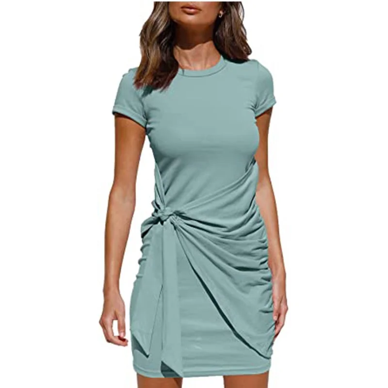 Women Dress Short Sleeved Round Neck Belt Dress