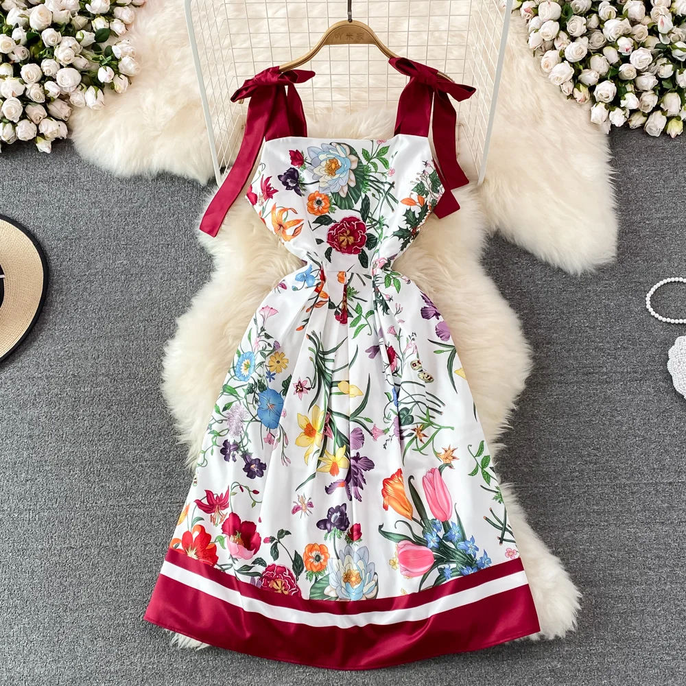Uveng Runway Summer Bow Tank Dress 2025 New Women's Spaghetti Strap Backless Palace Floral Print Holiday Beach Dress N66878 413-0