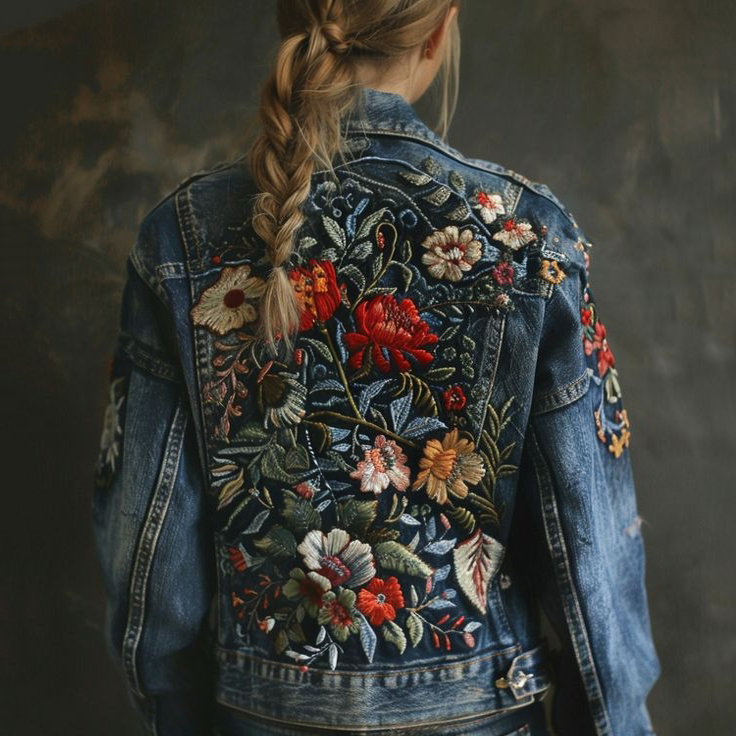 Comstylish Women's Vintage Plant Flower Embroidery Print Denim Jacket