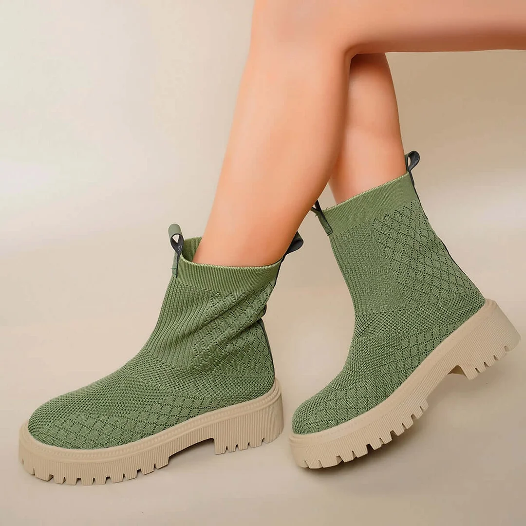 Stretch Knit Platform Ankle Boots Lug Sole Sock Booties