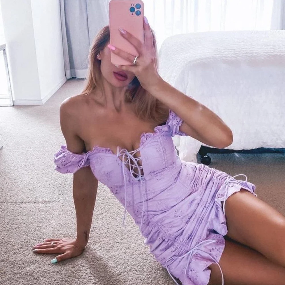 Back to school  Summer Lace Dress For Women Vintage Y2k Solid Hollow Out Lace Up Bodycon Dress Casual Drawstring Ruffles Party Evening Dress