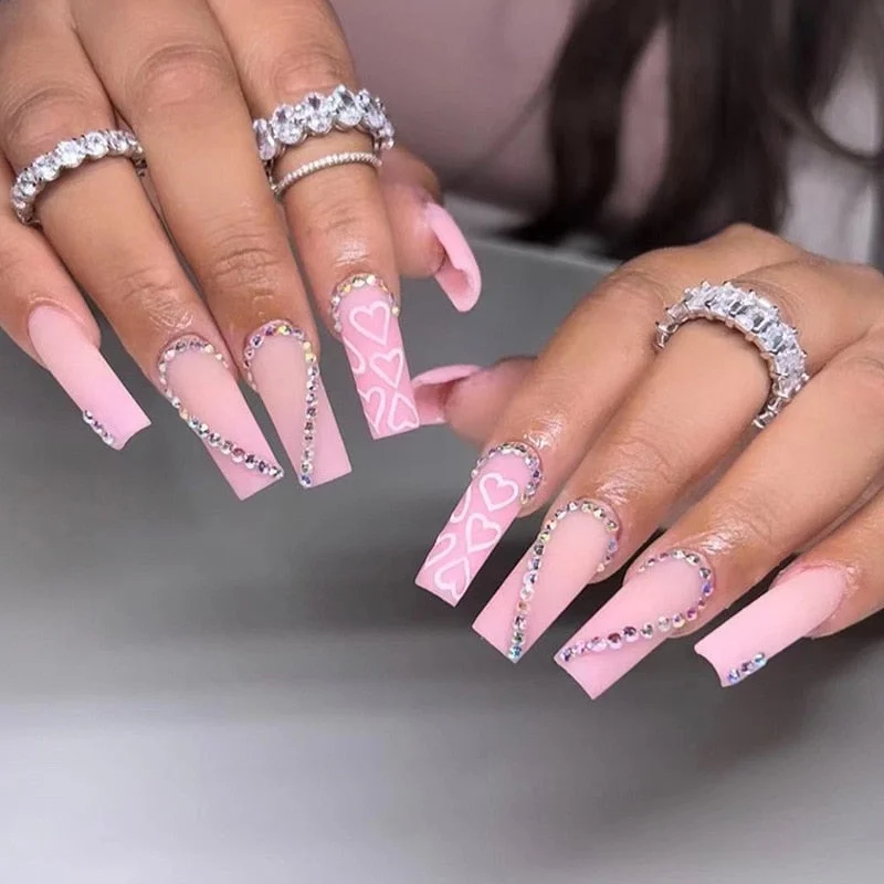 JP1599 Pink Ombre Nails Set Press on Medium Length with Rhinestone