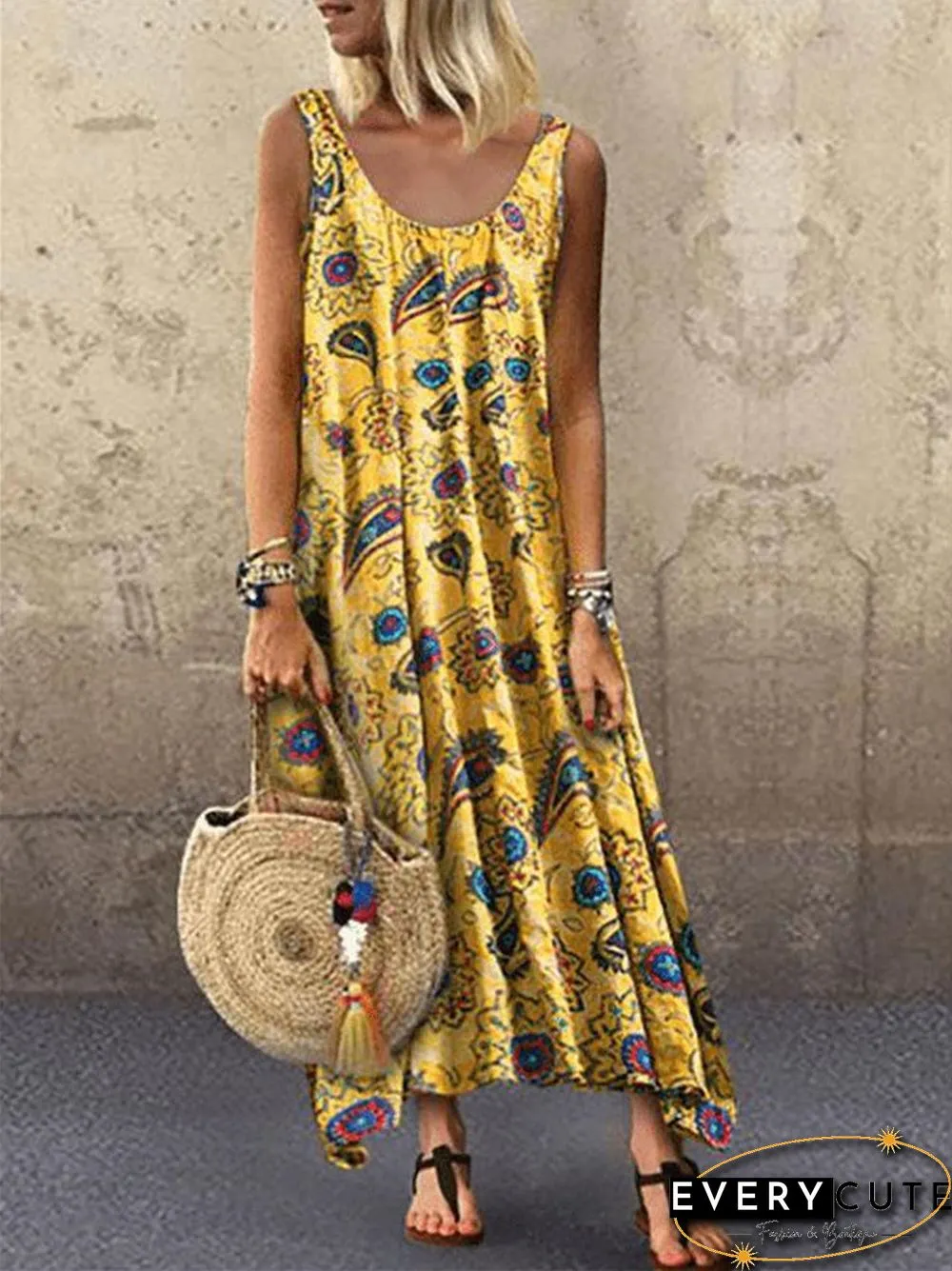 Summer Leisure Vacation Printing Sexy Round Neck Sleeveless Dress