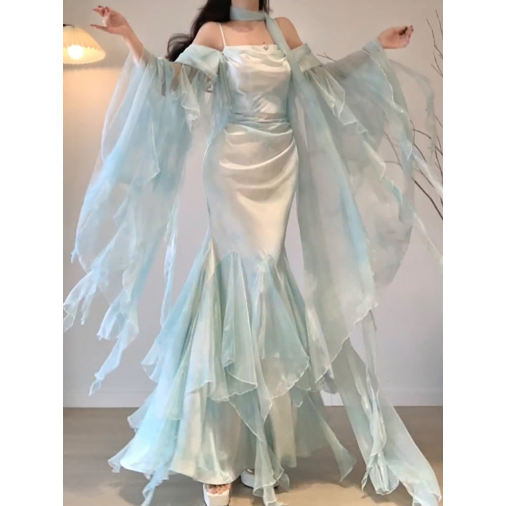 Aiertu - Chic Mermaid Spaghetti Straps Light Green Chiffon Long Prom Dress Birthday Dresses Birthday Outfits HOT1164 Aiertu