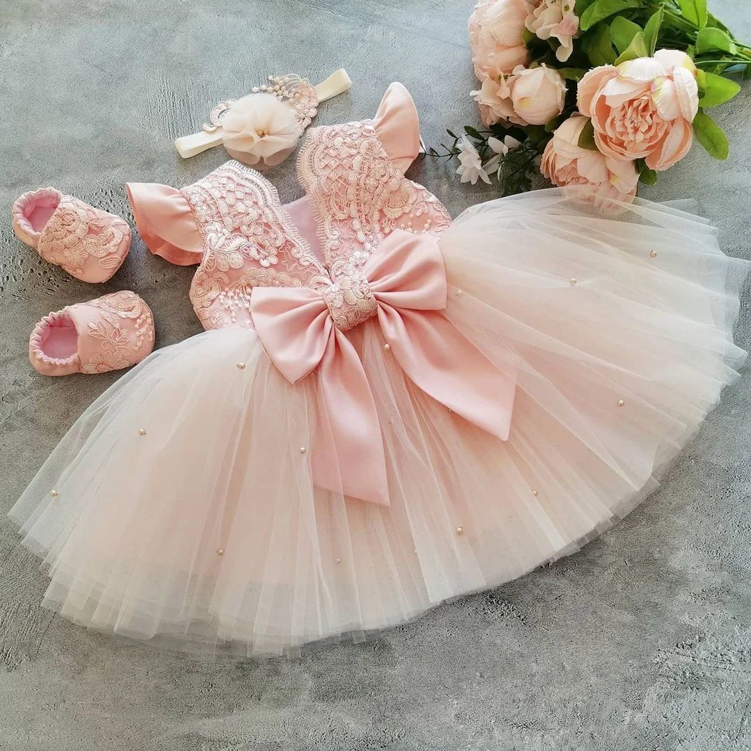 Toddler Baby Girls Birthday Baptism Party Princess Dress Flower Girl Dresses For Weddings Kids Pearls Bow Backless Mesh Clothes