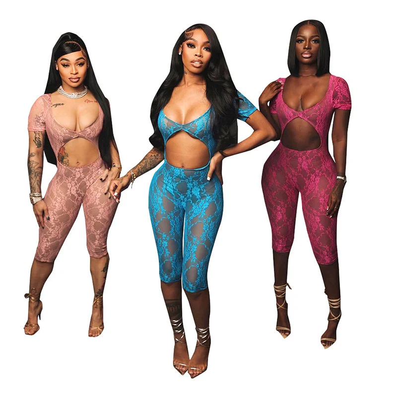 Uveng Uveng Women's Spring New Sexy Lace Splicing U-Neck Short-Sleeved Umbilly Joint Shorts