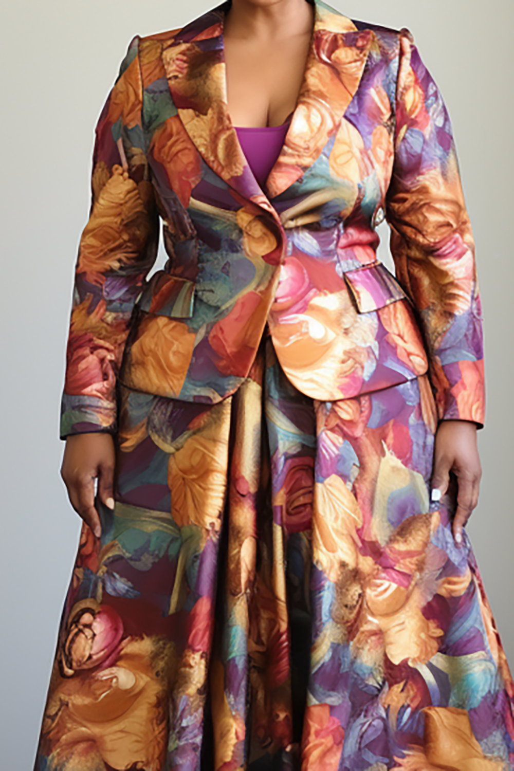 Design Plus Size Mother Of The Bride Elegant Multicolor Floral Turndown Collar Long Sleeve Button Satin Two Piece Skirt Sets [Pre-Order]