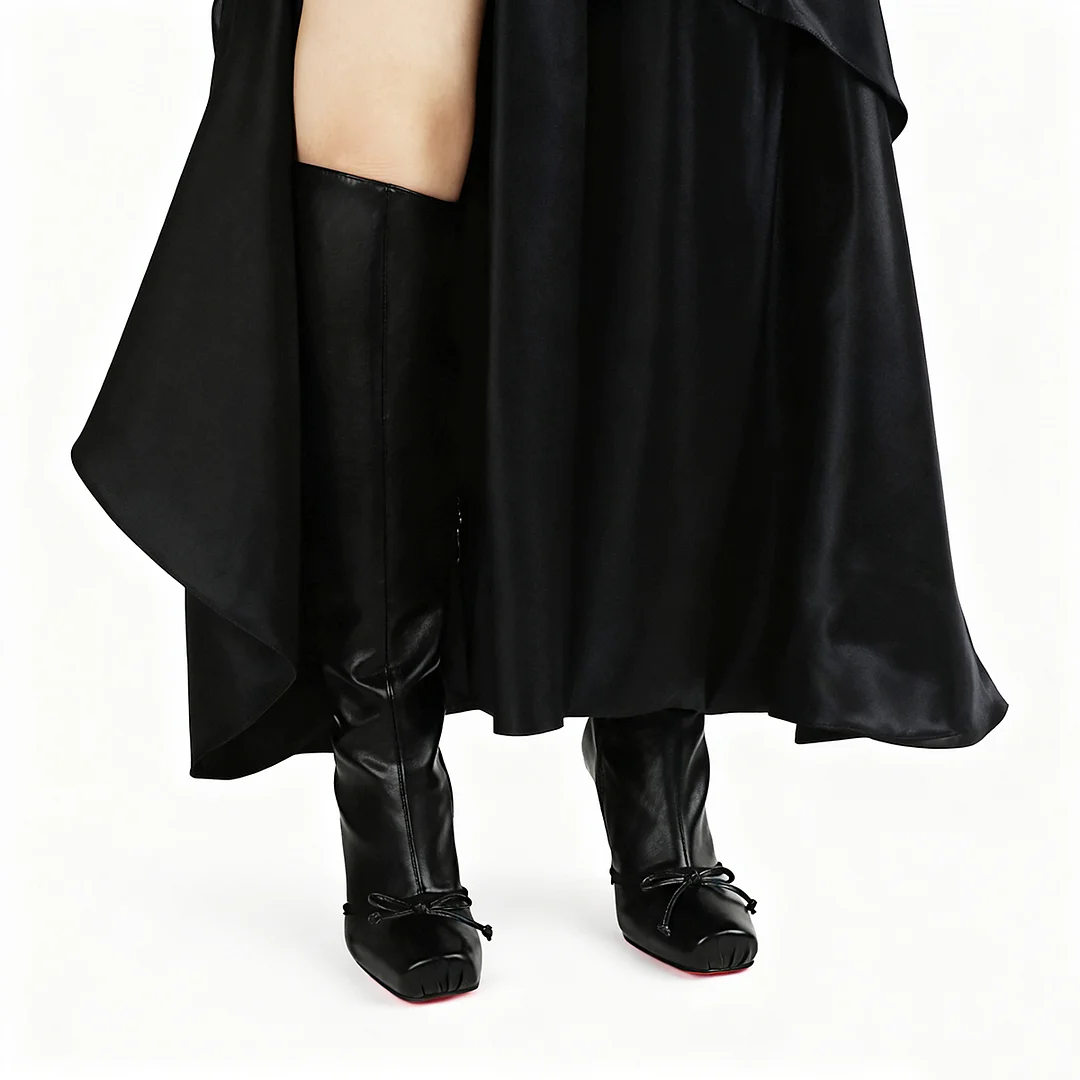 100mm Women's Knee Boots Red Bottom Matte Bowknot Knee Boots-MERUMOTE