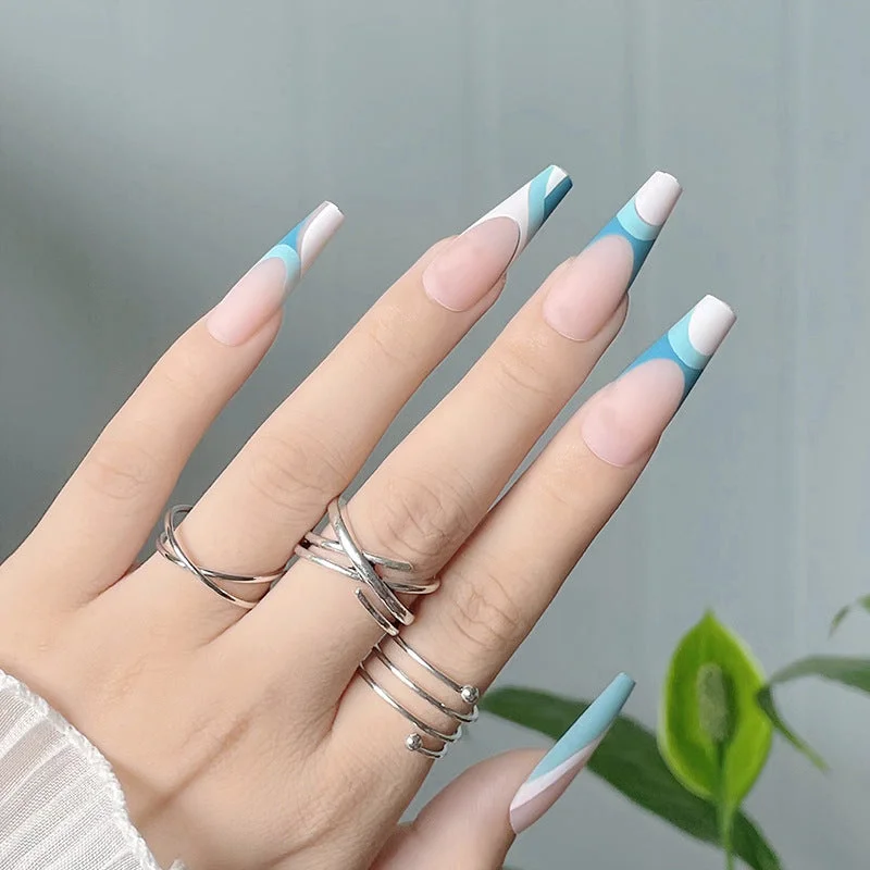 Stitching Color Medium-length Press On Nails with Jelly Double Sided Nail Adhesives 24 pcs