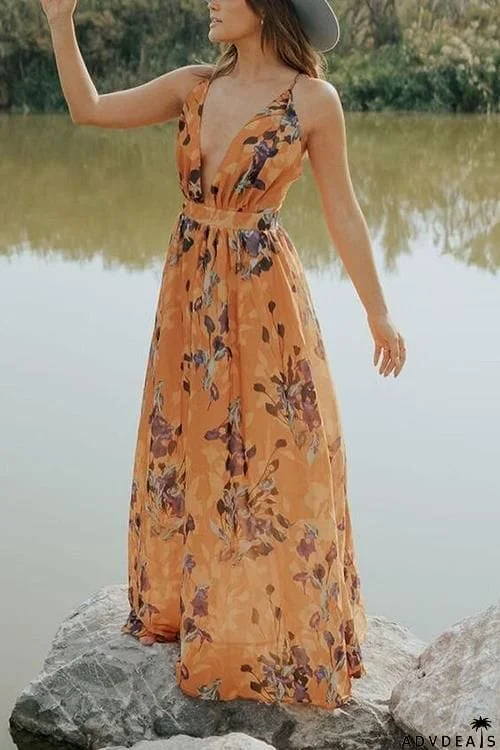 V Neck Backless Slip Maxi Dress