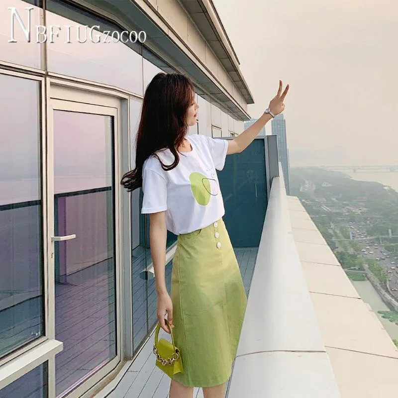 2020 New 93% Cotton Fashion Women Sets Refreshing T Shirt And Solid Color Skirt Female Sets