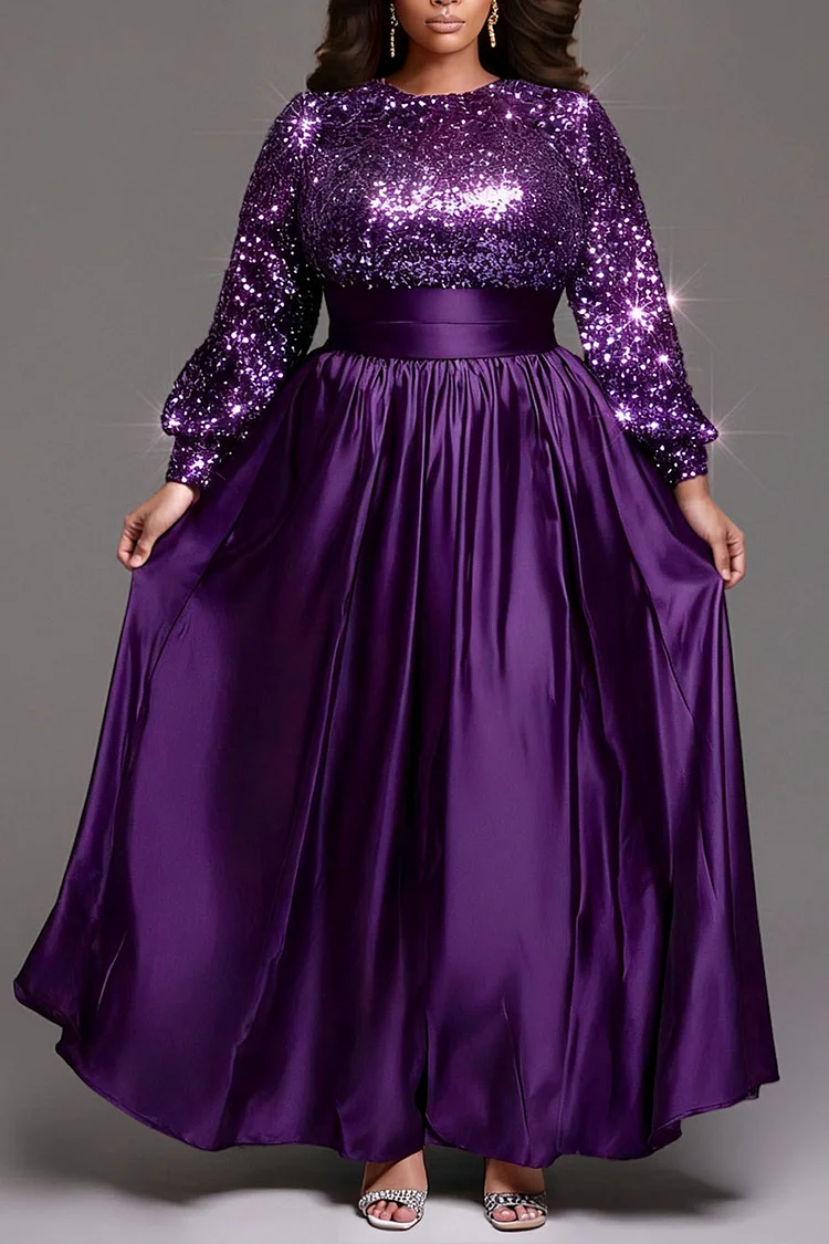 Xpluswear Design Plus Size Formal Purple Round Neck Long Sleeve Contrast Elegant Pocket Satin Sequin Maxi Dresses [Pre-Order]