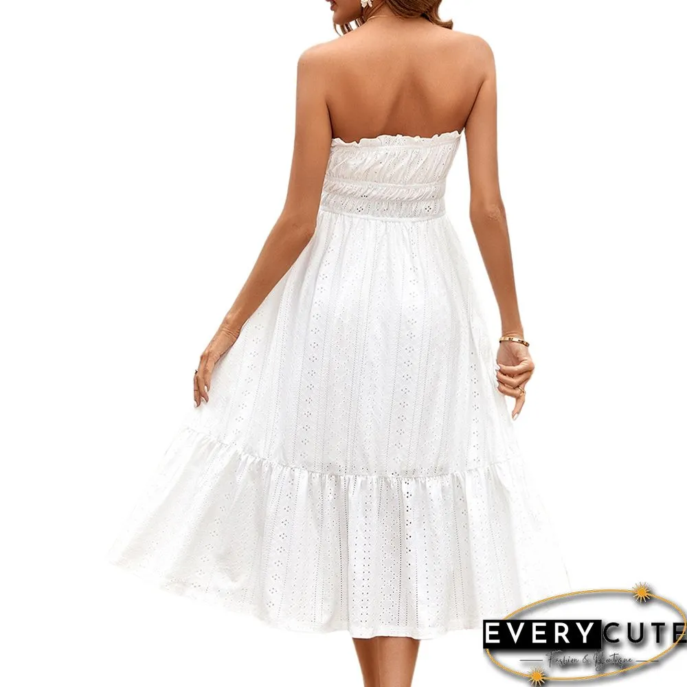 White Slim Waist Strapless Midi Dress