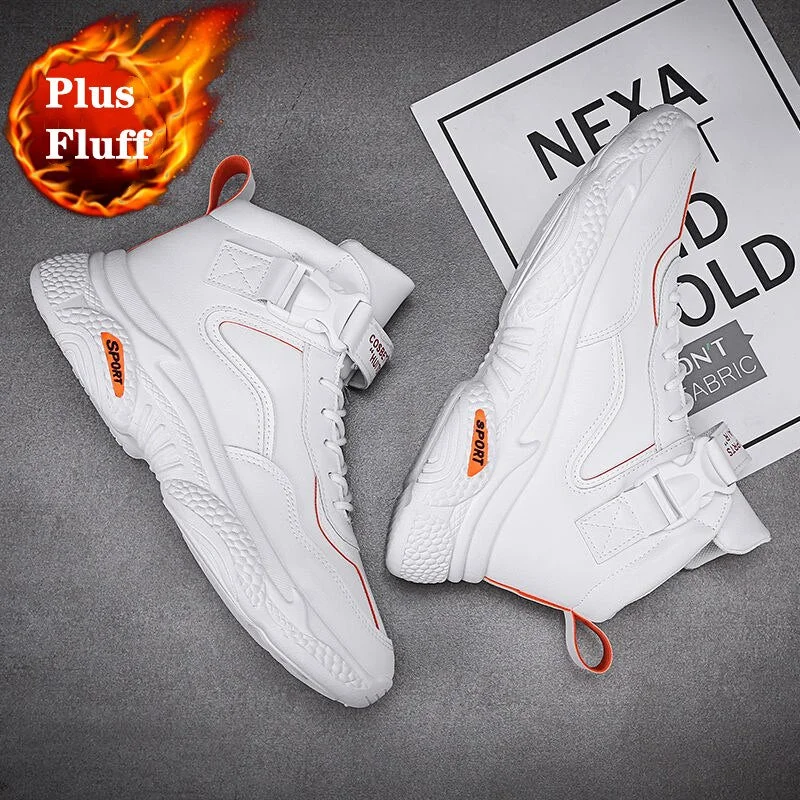 Men's Plus Fluff Warm Leather High-top Basketball Shoes Winter Male Non-slip Lightweight Sneakers Fall Trend Casual Shoes Men