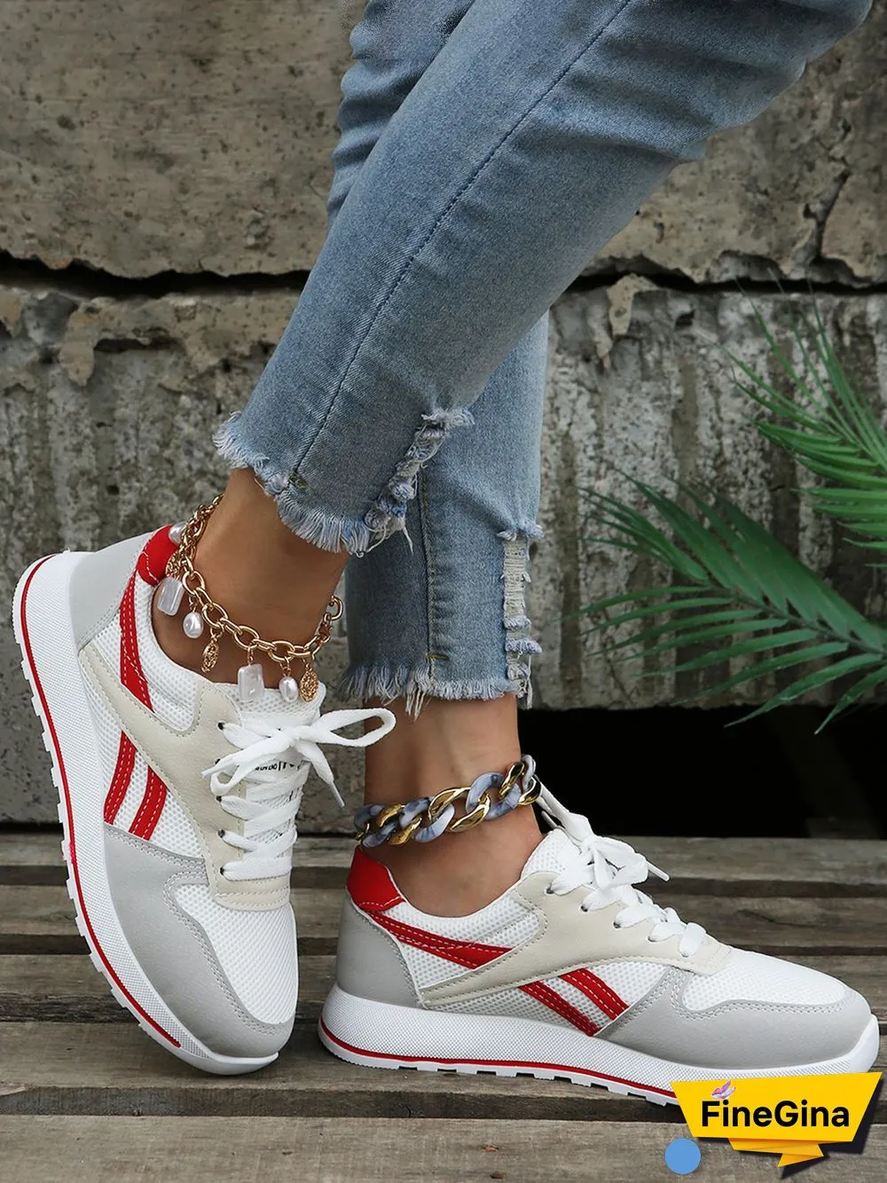 Color Block Sports All Season Split Joint Flat Heel Round Toe Fabric Fabric Lace-Up Sneakers for Women