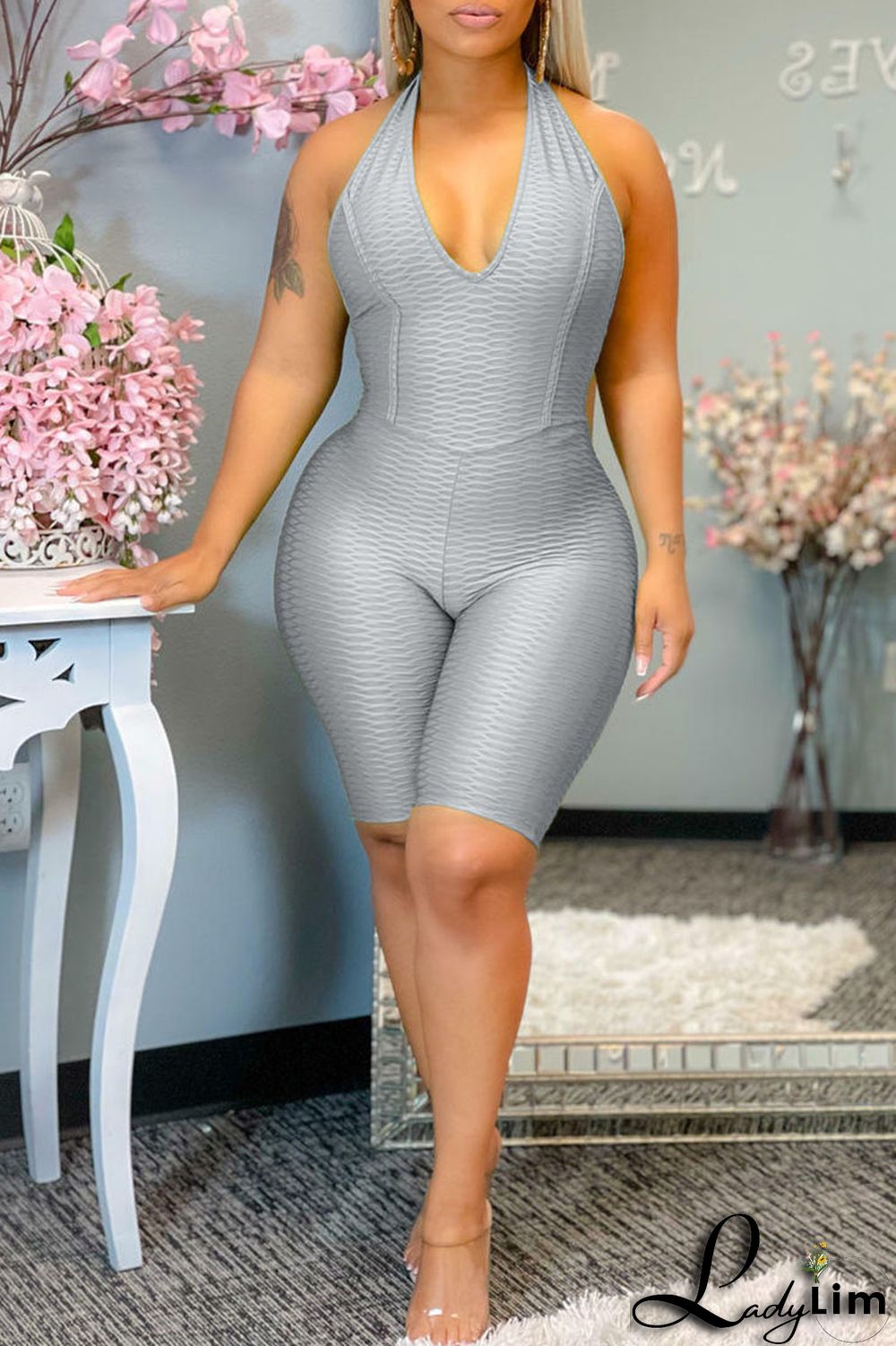 Tibetan Blue Sexy Solid Split Joint Backless Halter Regular Jumpsuits