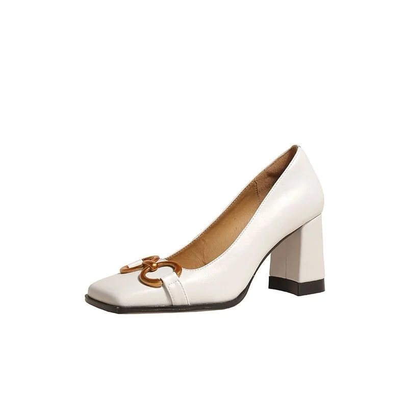 Yyvonne Women's Dress Shoes Metal Pumps Square Toe Boat Shoes New Autumn Woman High Heels Offce Lady Shoes Elegant Pumps White 9716N
