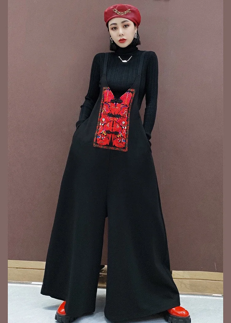 5.5Organic Black Embroideried wide leg pants Jumpsuit Spring