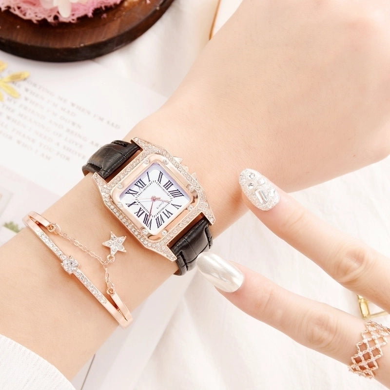 TikTok Internet Popular Women’s Watch Fashionable Square Case Women’s Quartz Watch Square Diamond Belt Small Square Watch Set Wristwatch