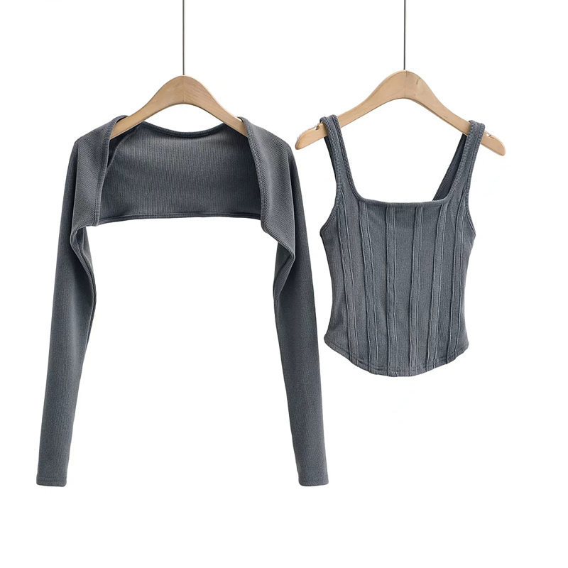 Ootddress Women Striped Stitching Slim T-shirt Female 2 In 1 Shrug Set Co-ord Crop Shrug And Corset Tank Tops Set Y2k Streetwear New