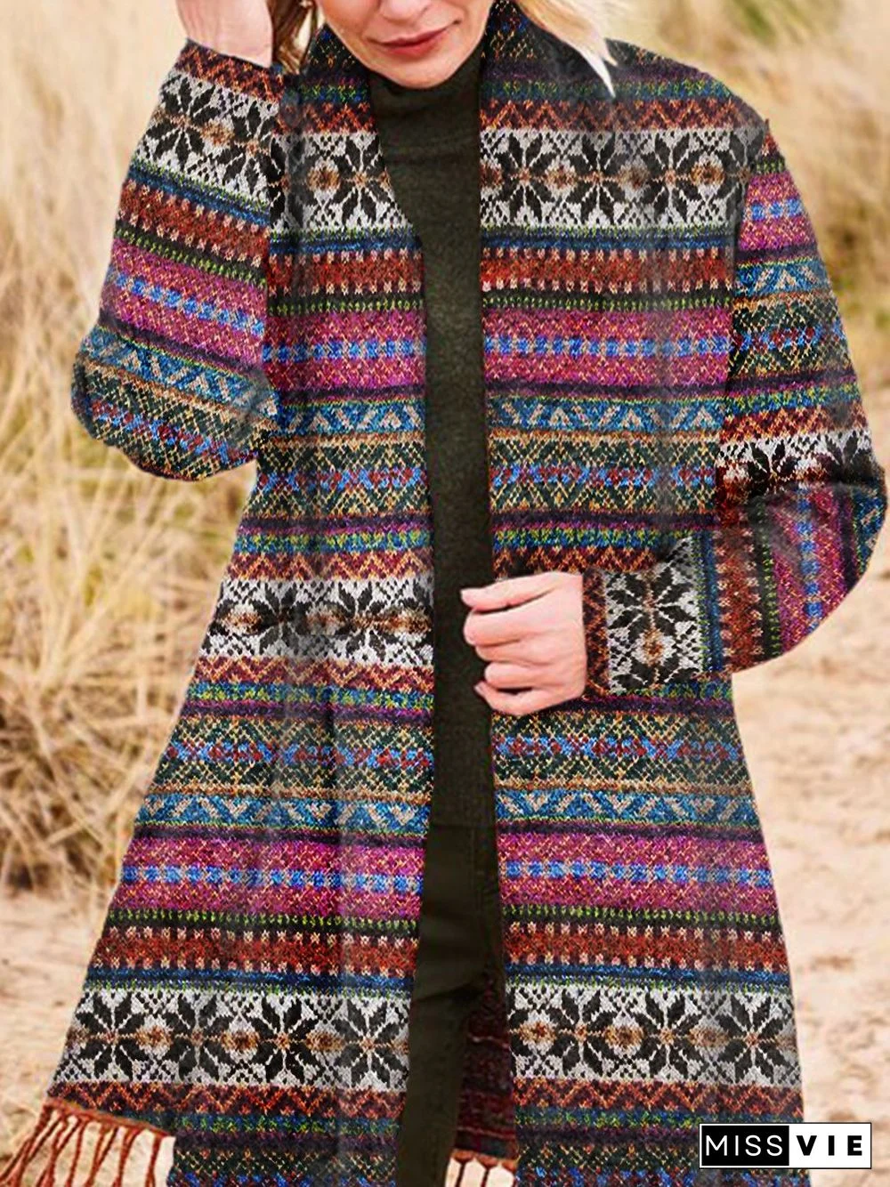 Collarless Tribal Loosen Cardigan