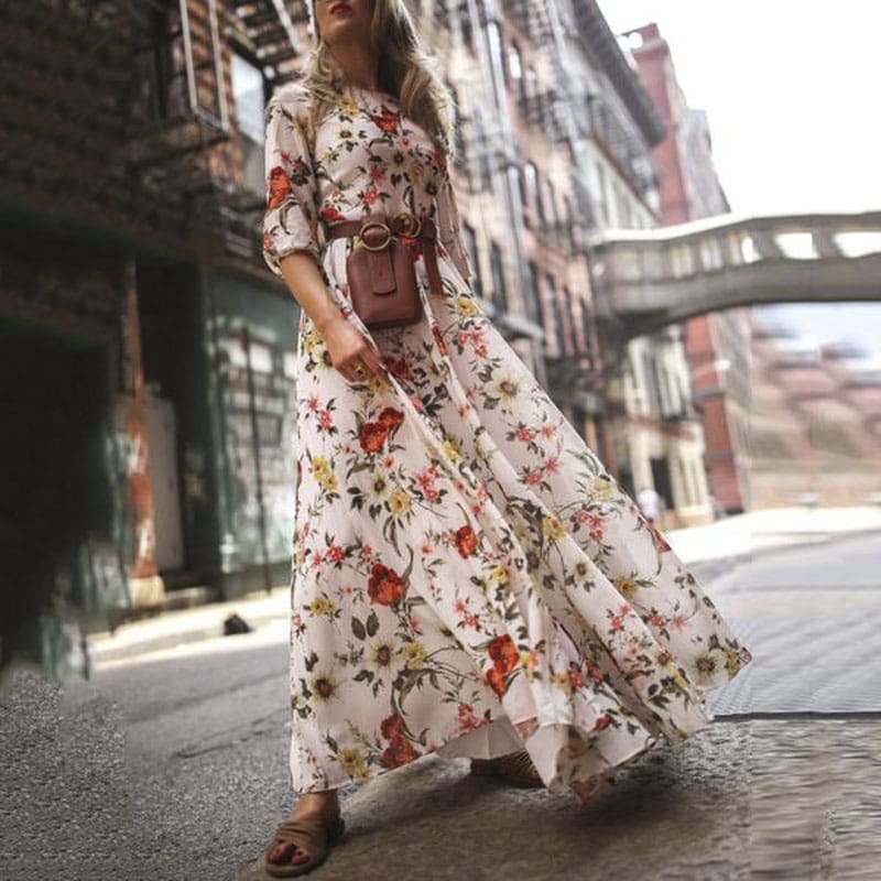 Womens Boho Maxi Dress Floral Summer Beach Party Long Sundress Fashion Ladies Casual Daily Half Sleeve Dress Clothes