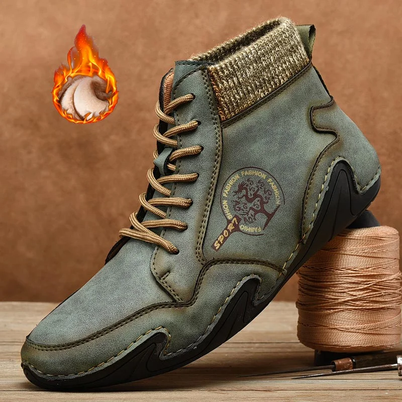 Nine o'clock Autumn Leather Vintage Men Boots Fashion Street High-top Shoes Winter Warm Lined Handmade Lace-up Botas de hombre