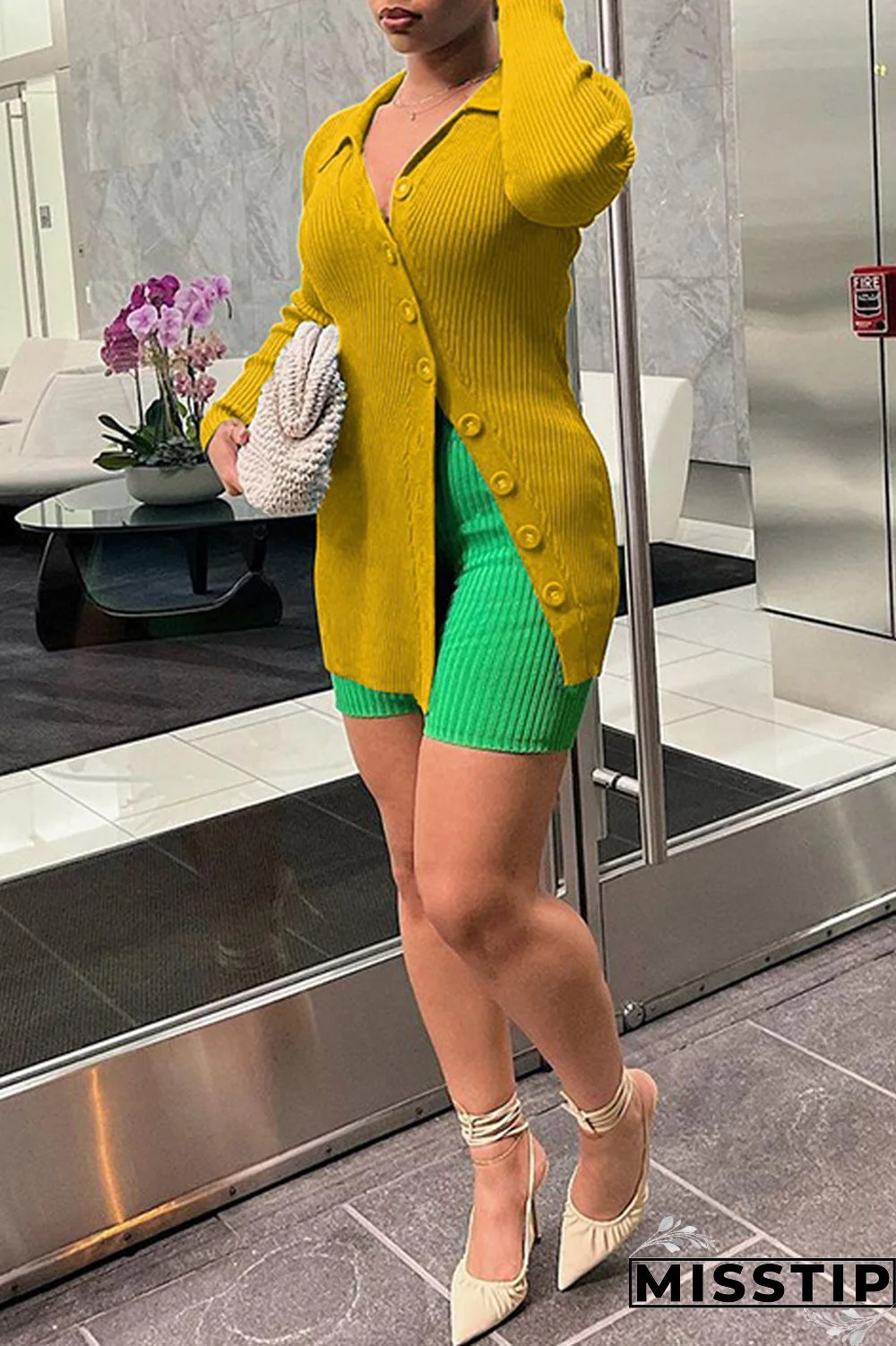 Earth Yellow Casual Solid Patchwork Buttons Turndown Collar Tops