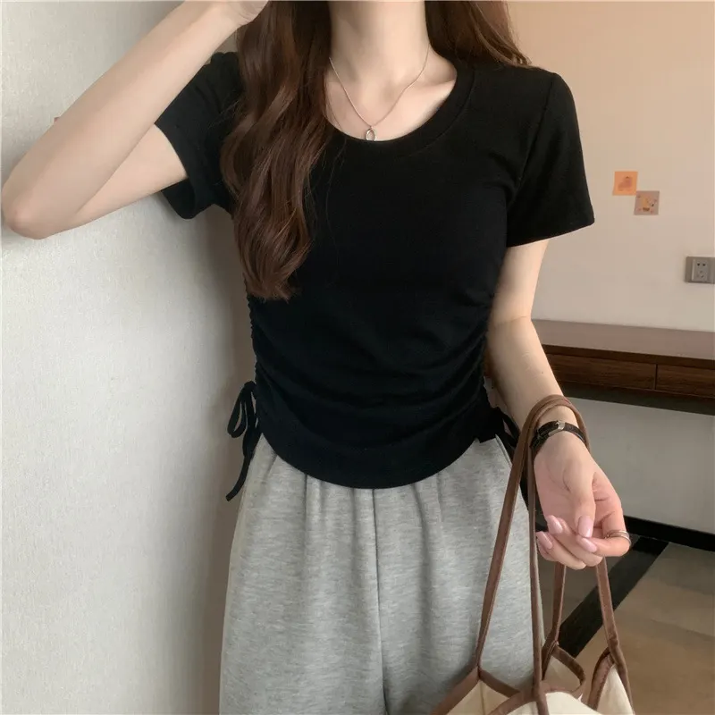 Uveng Uveng Rope Short-Sleeved T-Shirt Women 2024 New Summer Korean Version Design Sense Slim Casual Short Student Jacket Tide