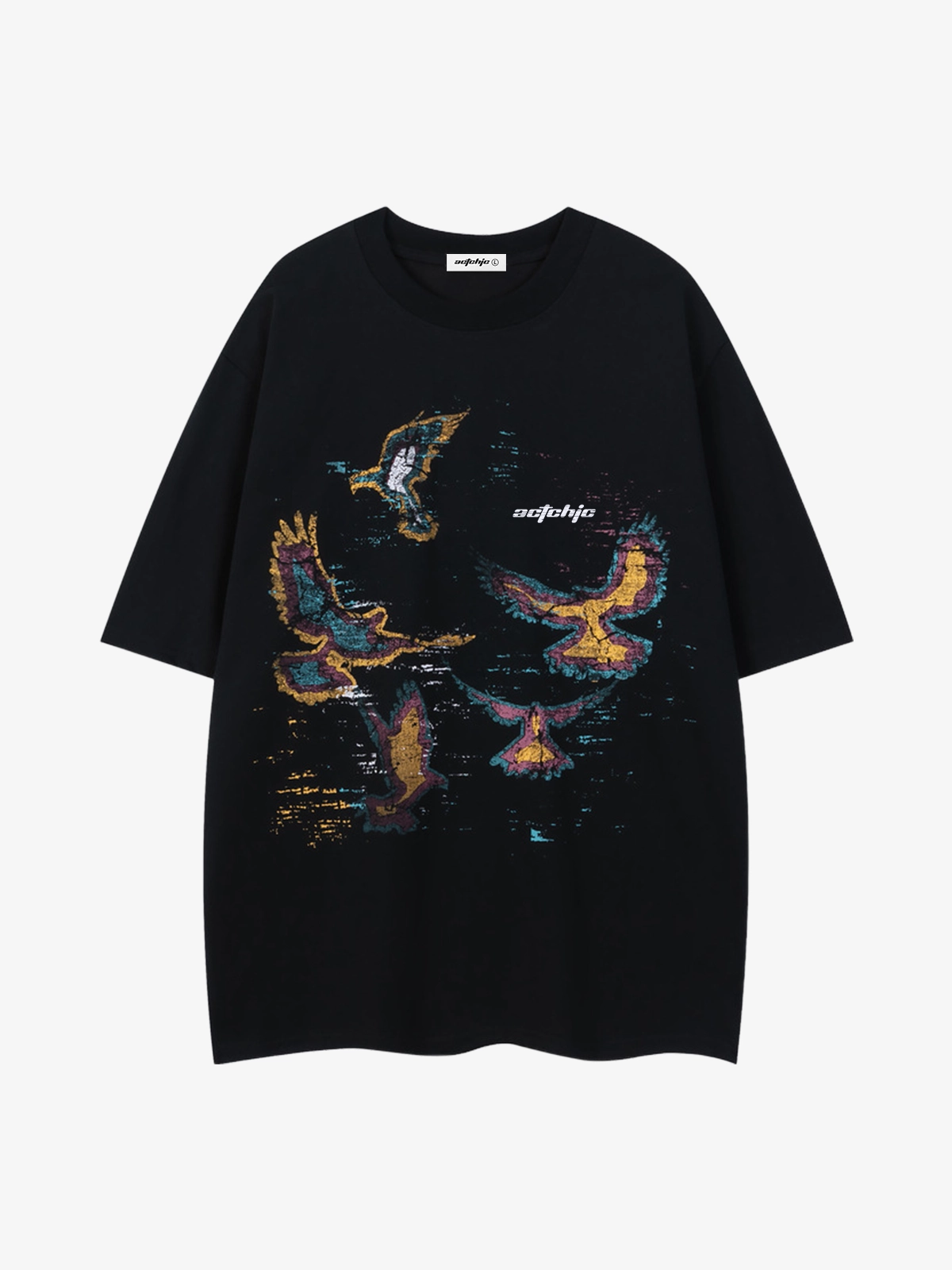 Black Act Chic Vintage Distressed Pigeon Print Tee Front