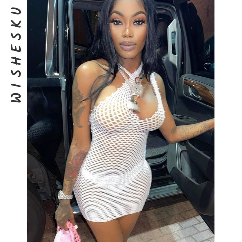 Grid Inclined Shoulder Mini Dress Women Sexy Fishnet See Through New Sleeveless Backless Female Clubwear Apparel No Panties