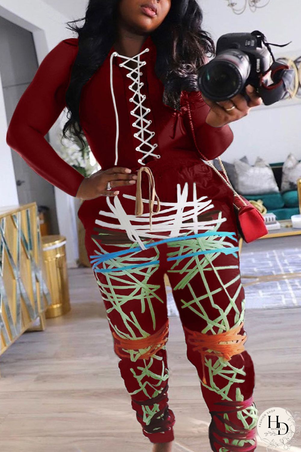 Wine Red Sexy Print Bandage O Neck Long Sleeve Regular Sleeve Regular Two Pieces