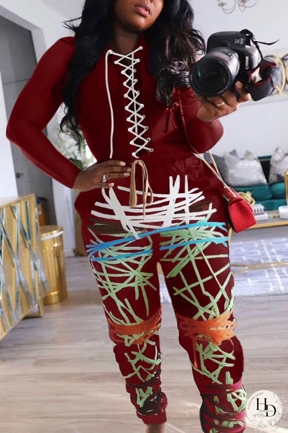 Wine Red Sexy Print Bandage O Neck Long Sleeve Regular Sleeve Regular Two Pieces