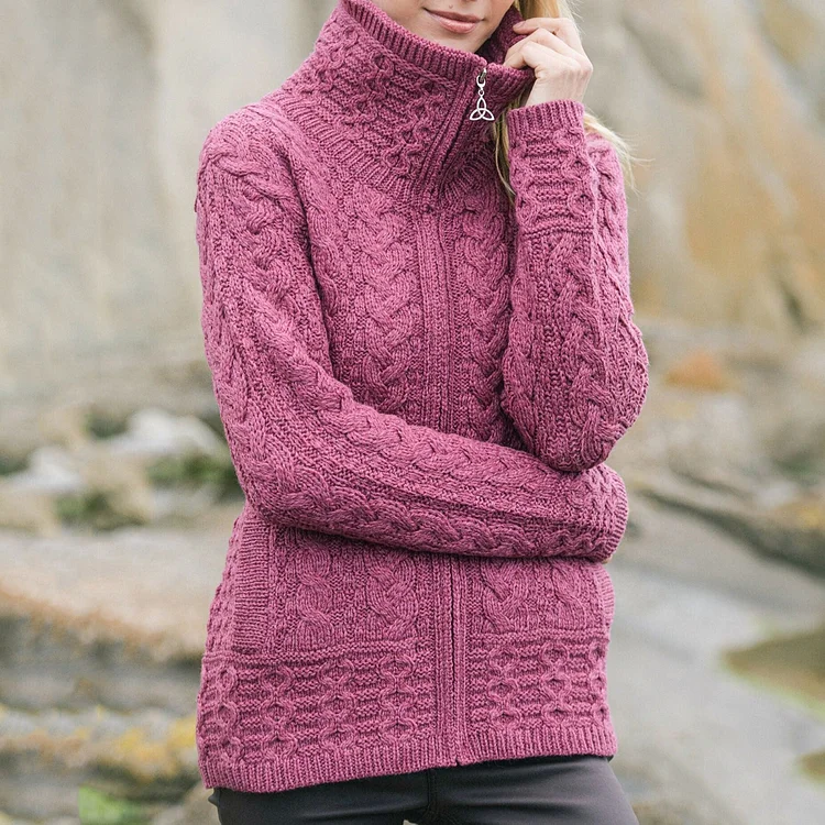 Utbros Women's Clan Pattern Zip Turtleneck Aran Sweater Cardigan