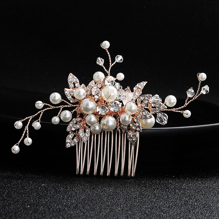 Exquisite handmade pearl crystal alloy hair comb