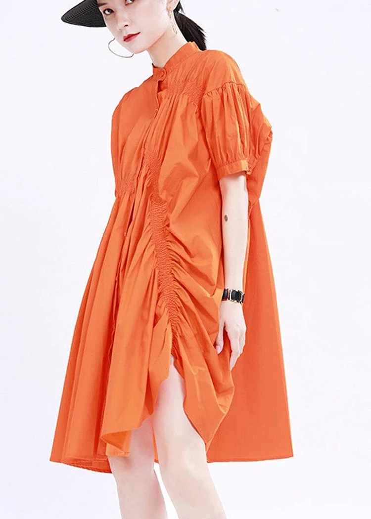 Women Orange Cinched Mid Summer Cotton Dress