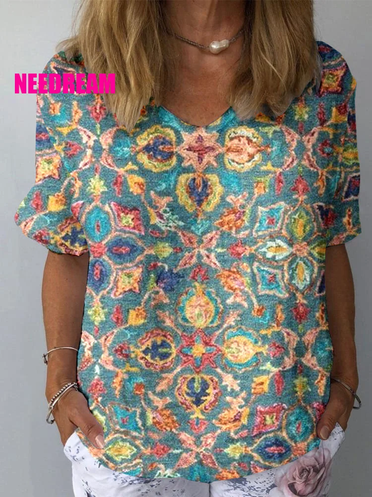 Womens Retro Art  Pattern Print Cotton And Linen Top