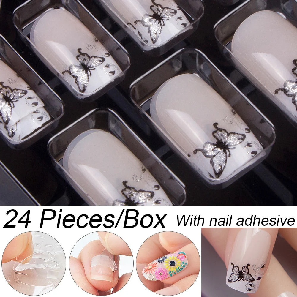 Fashion 24pc/set 10 Sizes Fake Nails Full Cover French False Nail Tips With Double-Sided Nail Adhesive Tab Press On Coffin Nail-Nail Inspo