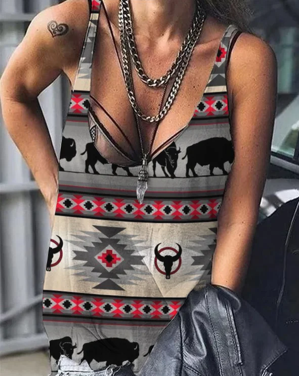 Vintage Sexy Western Feather Print Loose Tank Top