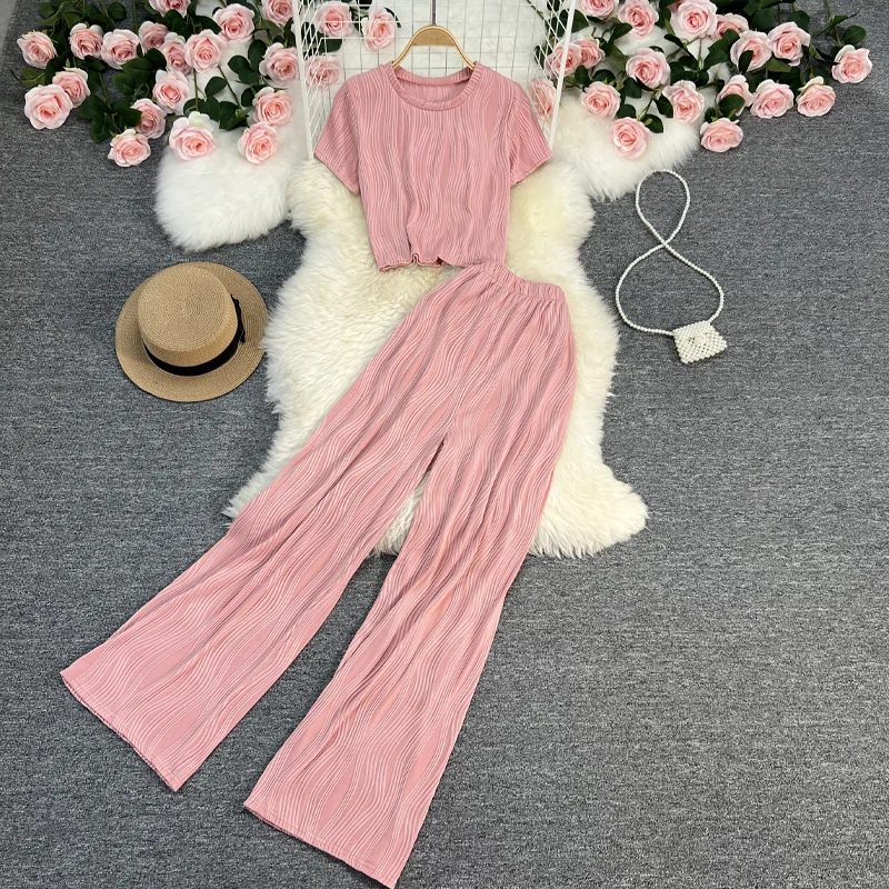 Woherb Woherb T-Shirt, High-Waisted, Wide-Leg Pants