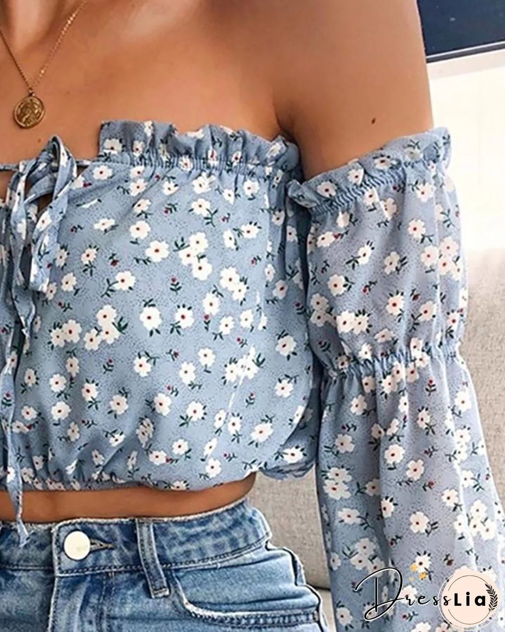 Off Shoulder Floral Print Tied Detail Blouse P13603