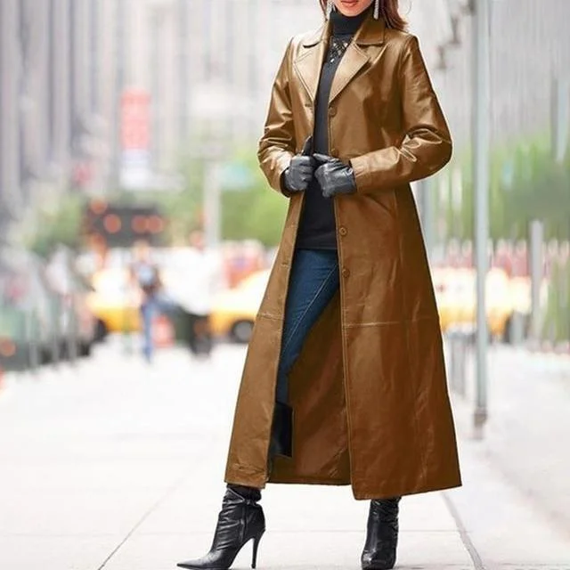 Plus Size Solid Color Lapel Single-breasted Long Sleeve Faux Leather Trench Coat 