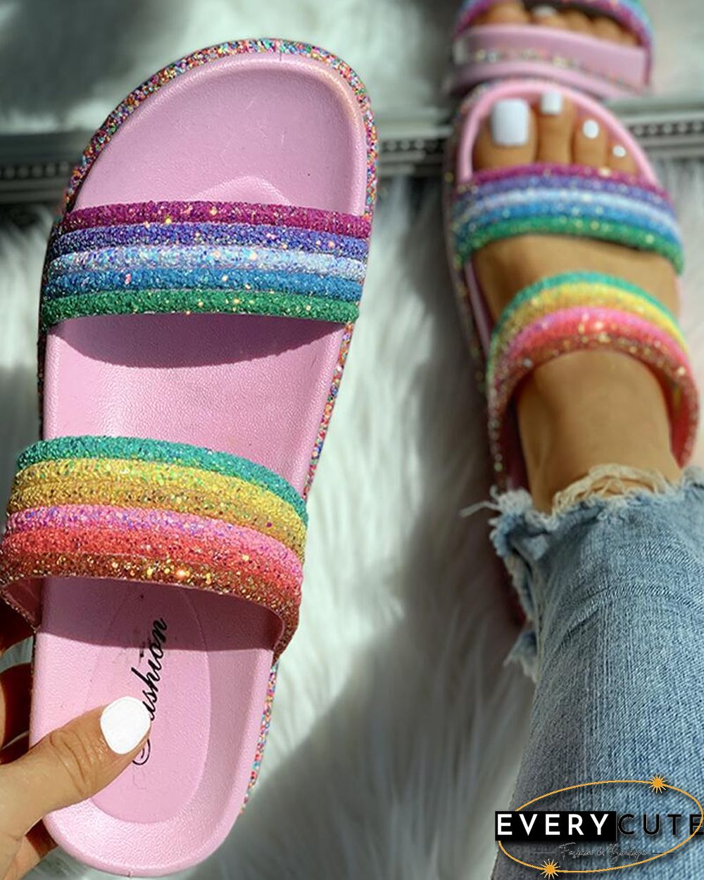 Rainbow Striped Open Toe Flat Slipper