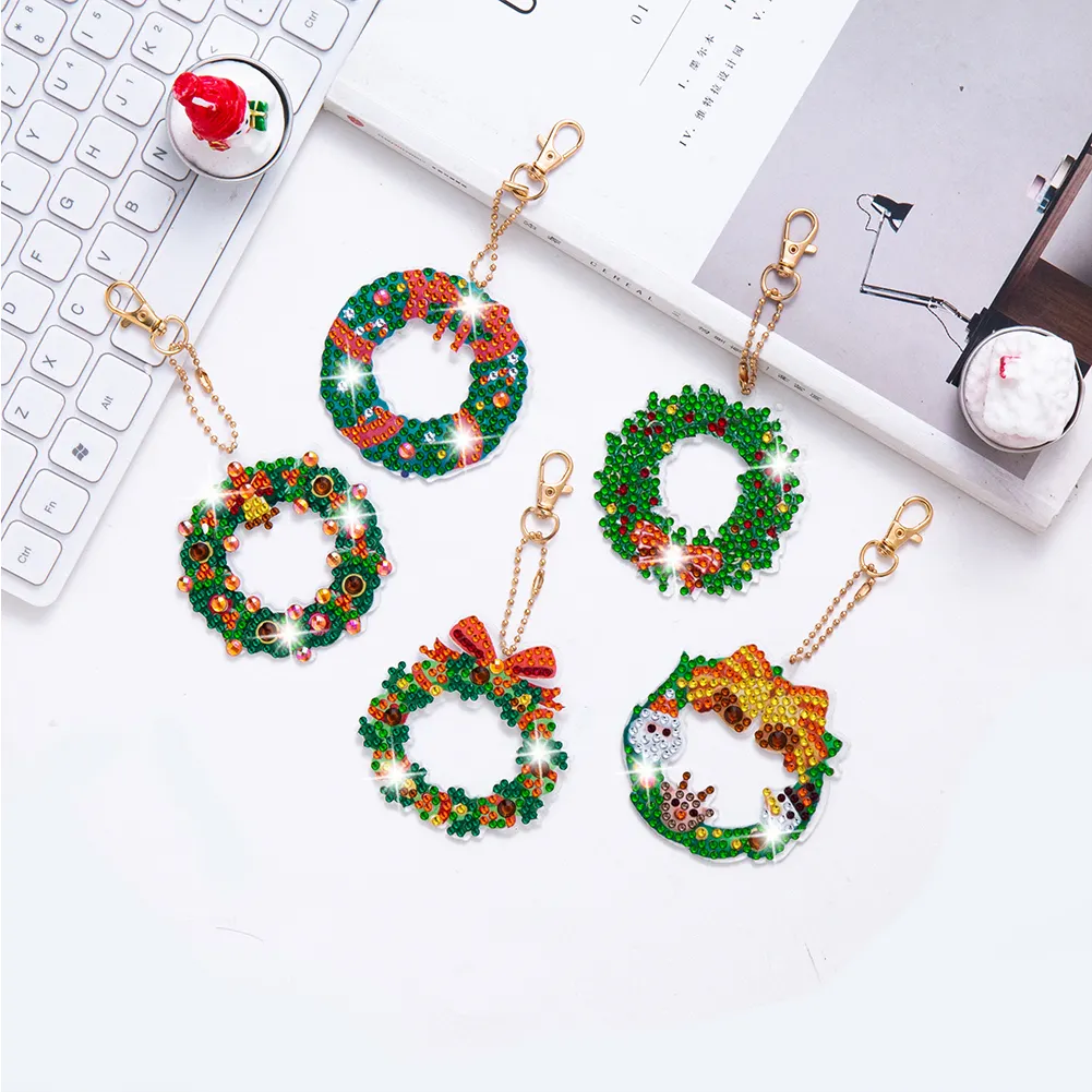 5pcs Diamonds Painting Keychain Christmas Tree Crafts DIY Key Ring Decor(Double Side)