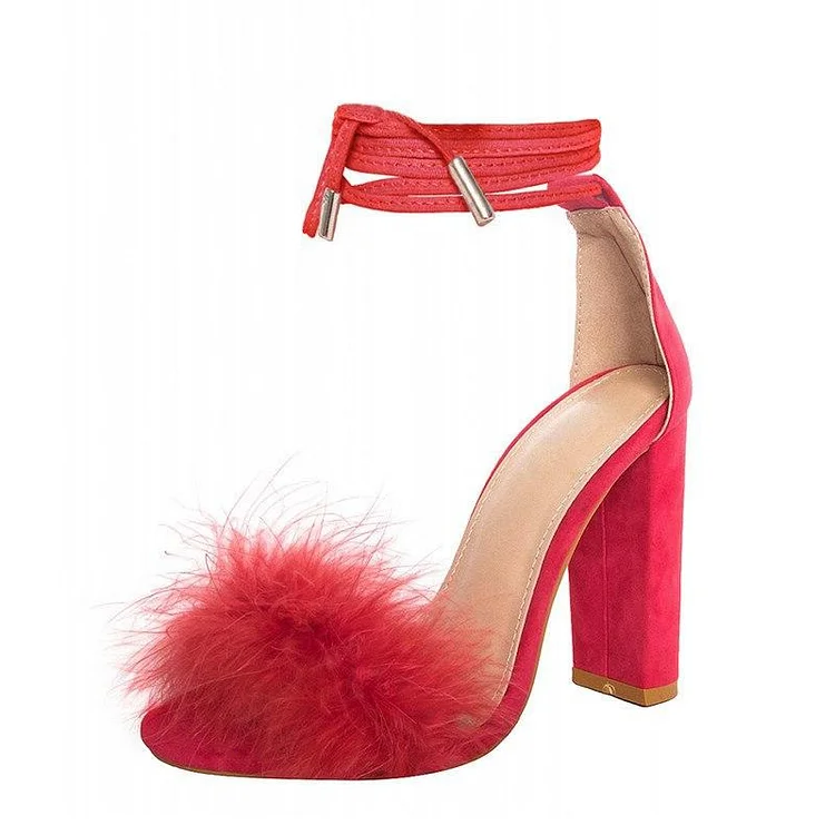 Red Suede Ankle Strap Sandals Furry Chunky Heel Sandals |FSJ Shoes