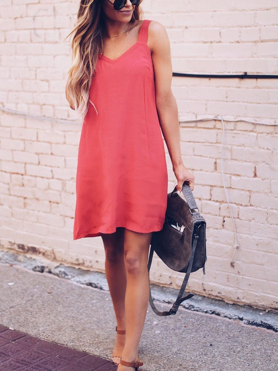 V-Neck Straps Solid Color Dress
