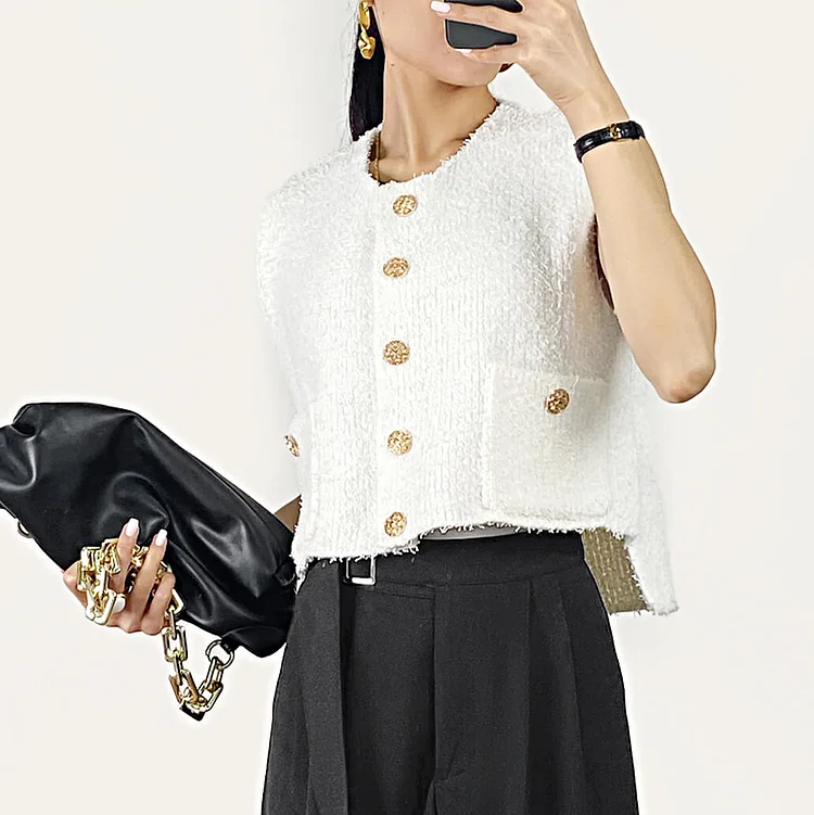 White Pocket Detail Gold Button Cropped Knitted Vest QueenFunky