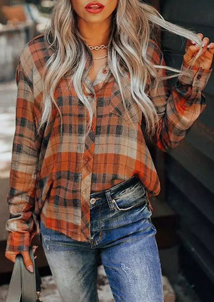  thdmladies Plaid Pocket Button Long Sleeve Shirt thedmladies