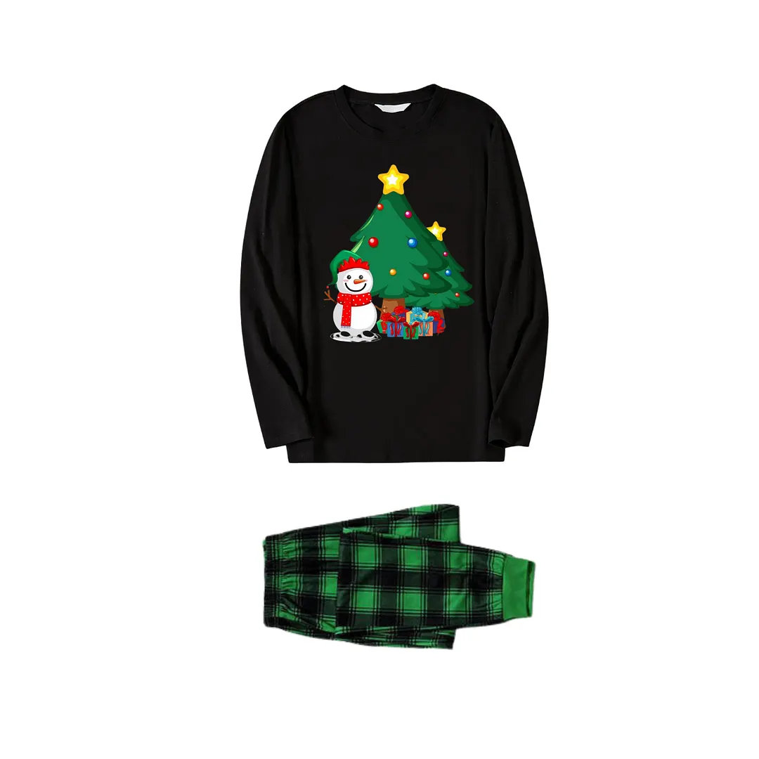 Christmas Tree And Smiling Snowman with Gift Pattern Black Long Sleeve Top with Black And Green Plaid Pants Family Matching Pajamas